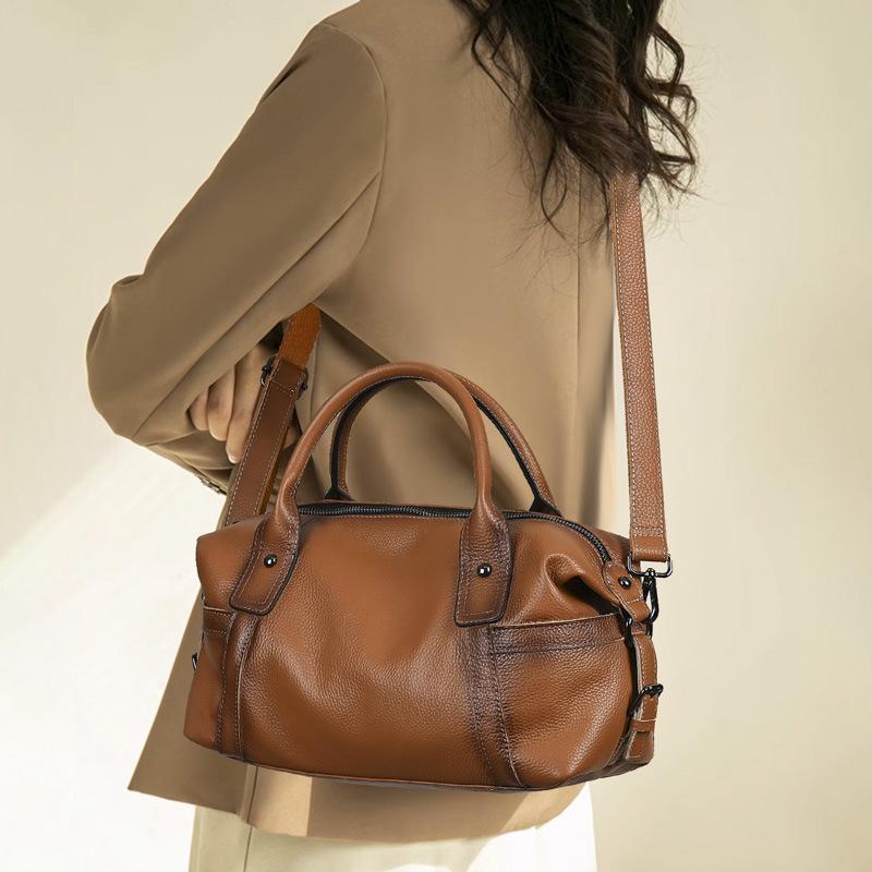 Johnature Versatile Women's Handbag Handmade Retro Genuine Leather Large Capacity Solid Color Shoulder Bags