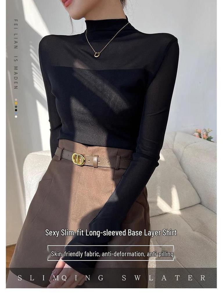 Women's Slim-Fit Velvet Base T-Shirt with Mesh Sleeves: Elegant Half-High Collar for Autumn/Winter