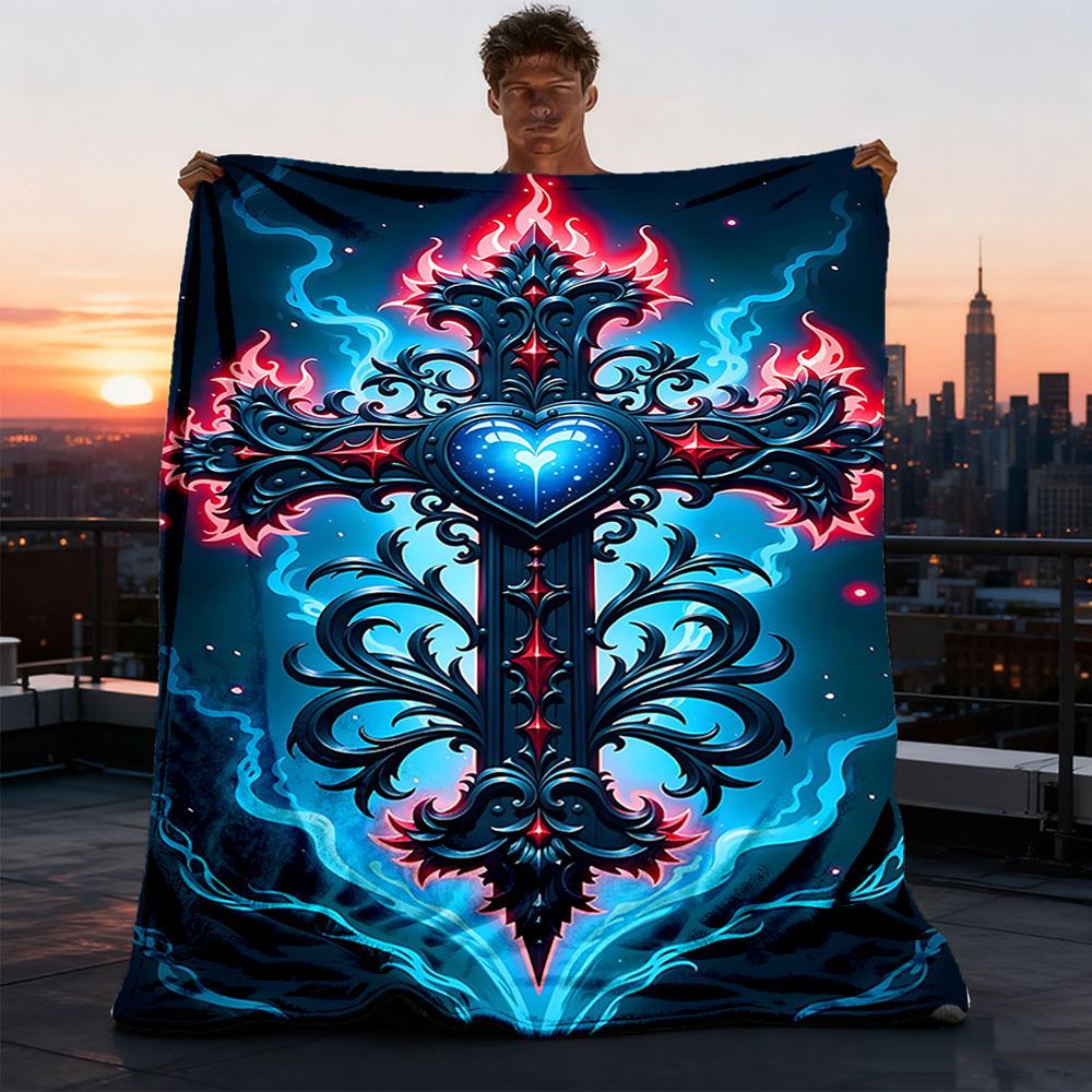 1pc Cross Ornament Outdoor Blanket - Lightweight Flannel Throw For Travel, Camping, Gifts For Family Or Friends yy251114269