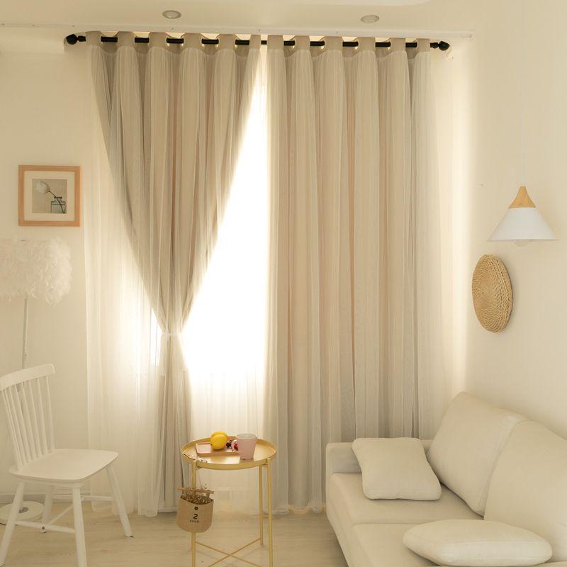 Double Layer Blackout Curtains, Girly Cream Style, Fabric and Gauze, for Bedroom and Dormitory, Sun Protection and Heat Insulation