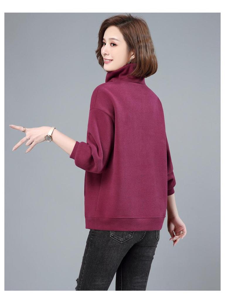 Women's Fleece-Lined Half-Zip Stand Collar Sweatshirt - 2024 Autumn/Winter Korean Style for Middle-Aged Moms