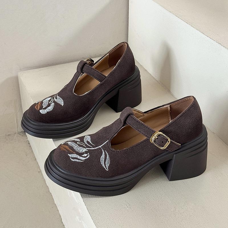 Fashion Mid Heels Women Chunky Shoes Embroidery Retro Sandals Summer Fad Heeled Loafer Shoes 2025 New Suede Casual Zapatillas De Mujer