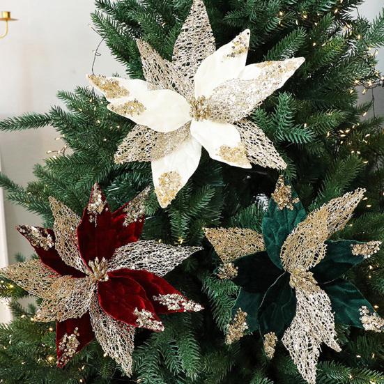 Christmas Glitter Fabric Poinsettia Flowers 11 Inch Large Artificial Sequins Flower Christmas Tree Ornaments for Wedding New Year Party Xmas
