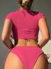 Women's Swimwear Solid Color Mesh Print Top High Waist Hollow Three Piece Sexy Bikini Separate Suit Beach Wear