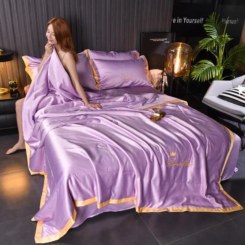 Luxury Ice Silk Summer Blanket 4/3/1 Pcs Embroidery Silky Cool Feel Quilt Set or 1 Quilts Breathable Air Conditioning Comforter