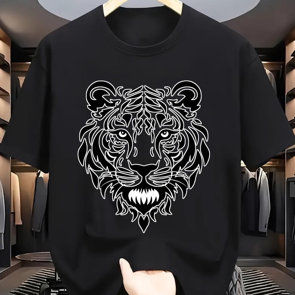 Tribal Tiger Head Graphic Tee Men Summer Casual Short Sleeve Print Crew Neck Cotton TShirt