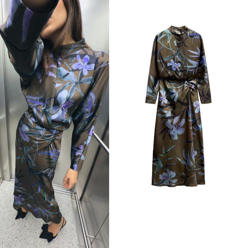 Autumn and Winter New Women clothes Western Style Retro Satin Print Mid-Length Midi Dress 9965281