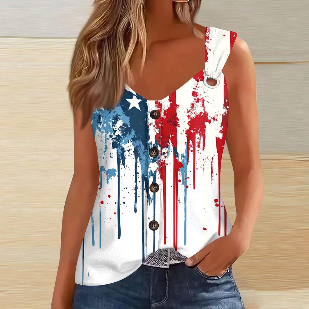 Women's Fashion Casual Loose Sleeveless Buttoned V-Neck Independence Day Printed T-Shirt Top