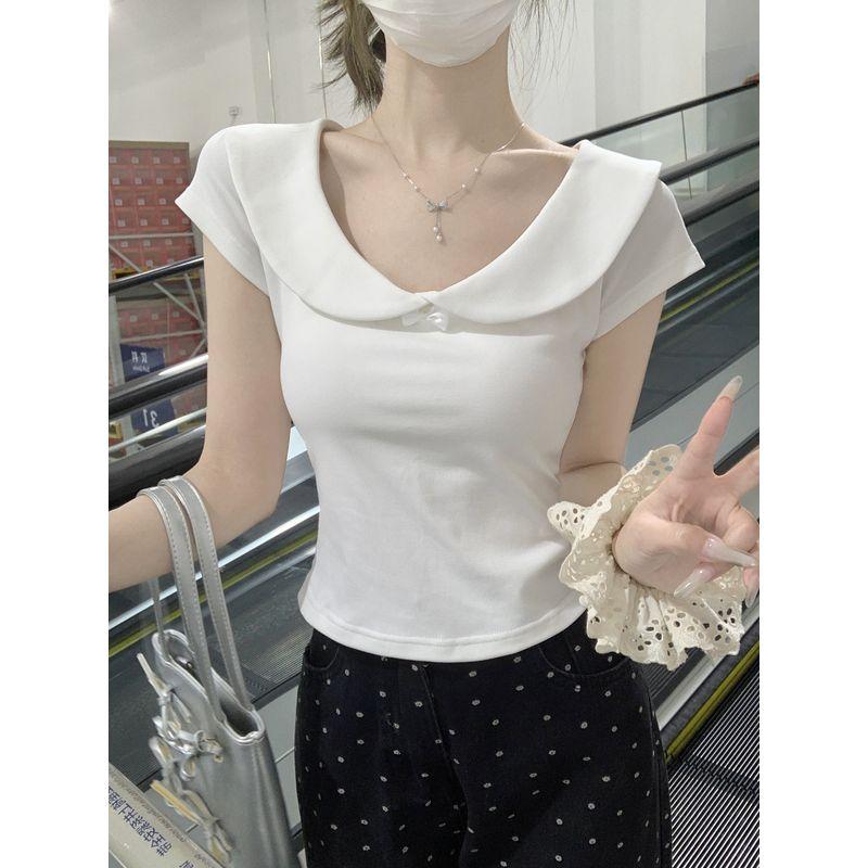 Kumikumi Sweet Style Cute Doll Collar Short sleeve T-shirt Women clothes Summer Slimming All-Match Age-Reducing Chic Top