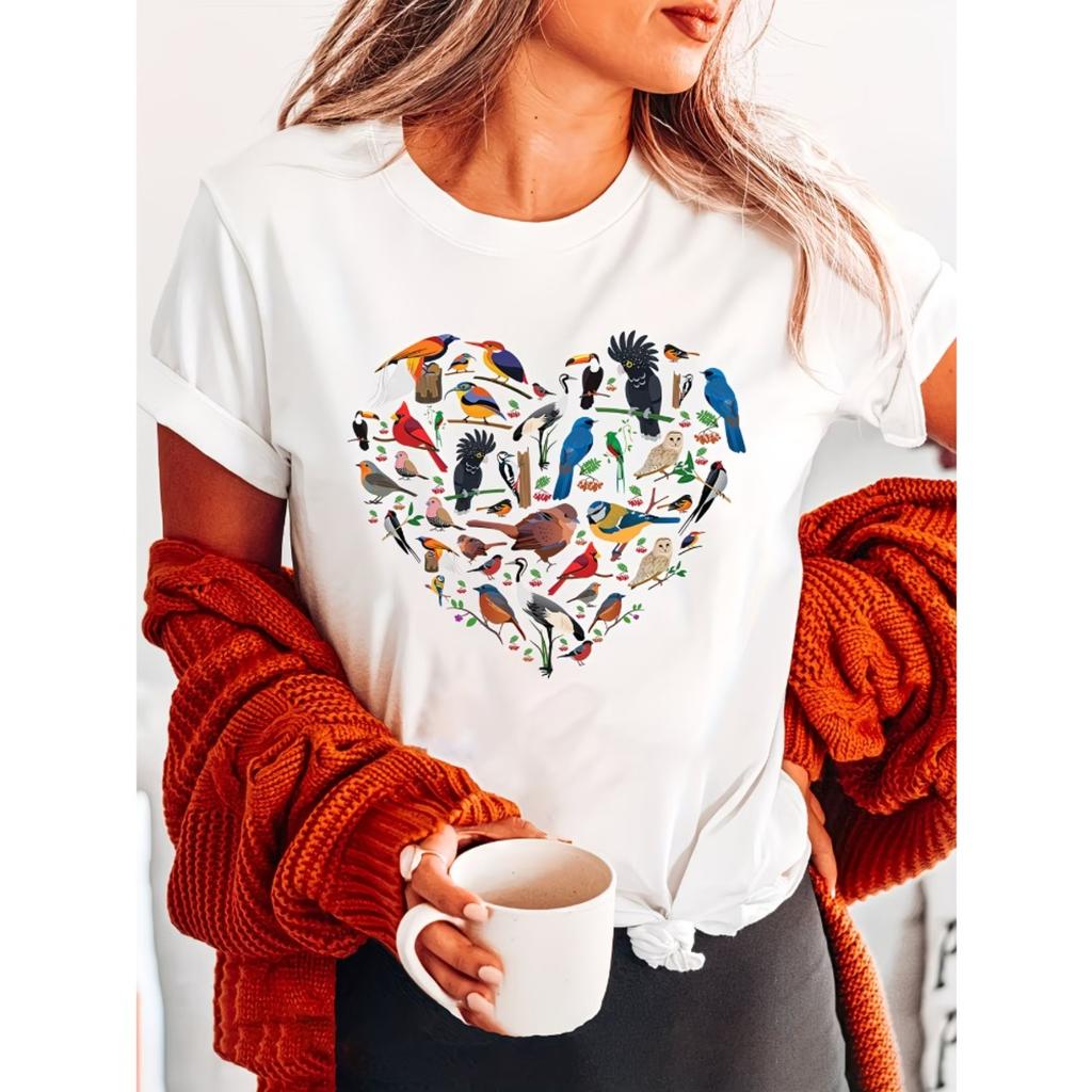 Bird Lover's Heart Birdwatching Letter Print T-shirt, Short Sleeve Crew Neck Casual Top for Summer & Spring, Women's Clothing