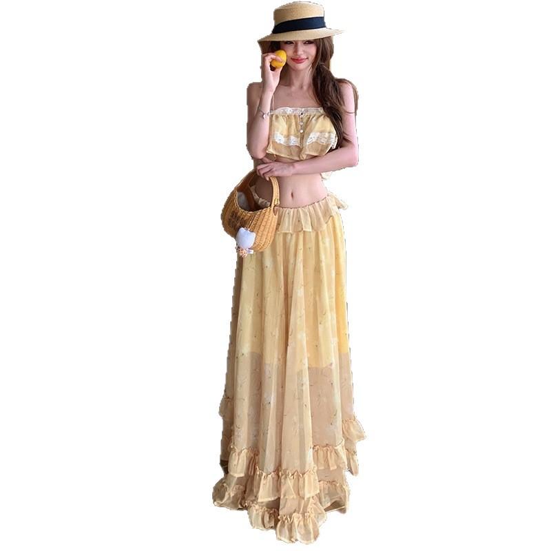 Beach island photo beautiful wear lace suspender set seaside vacation ruffle edge skirt two-piece set