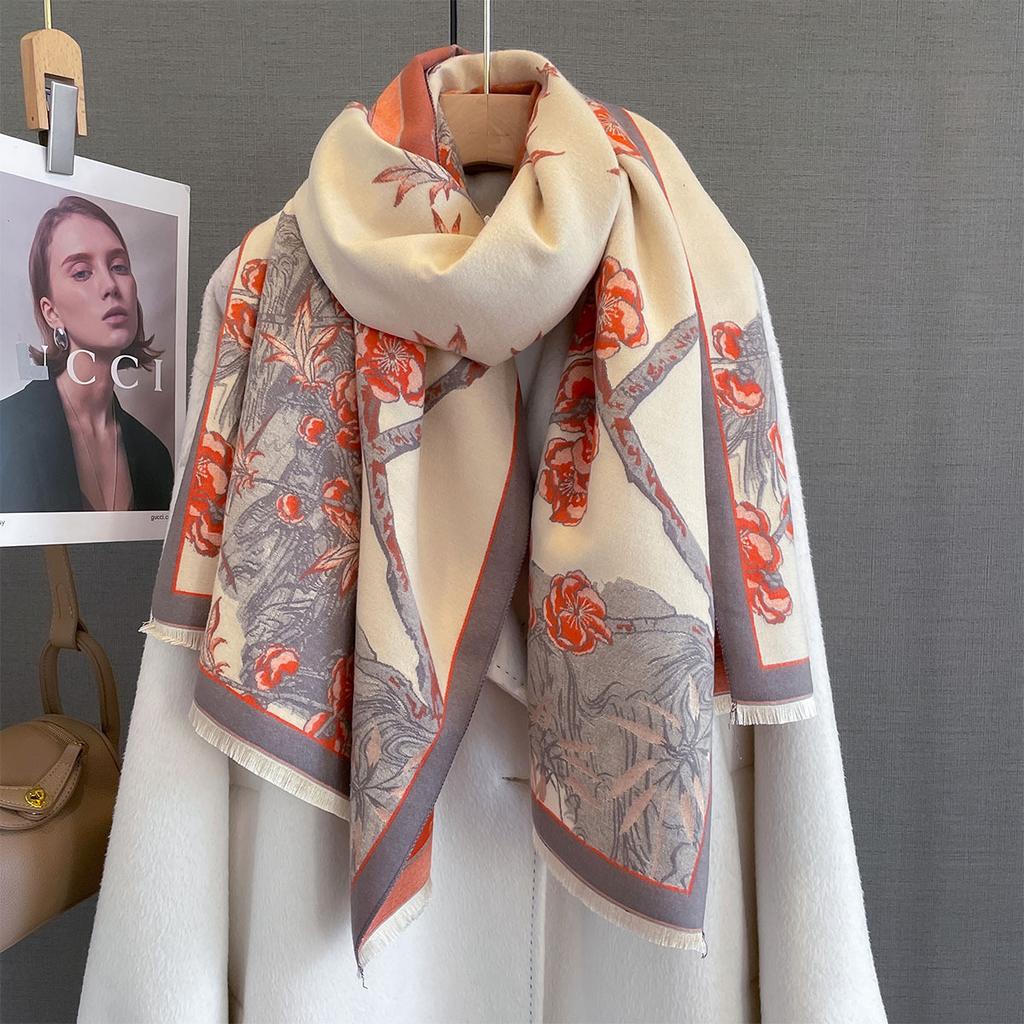 New retro flower jacquard imitation cashmere scarf for women's high-end versatile, fashionable and durable, going out to decorate the scarf