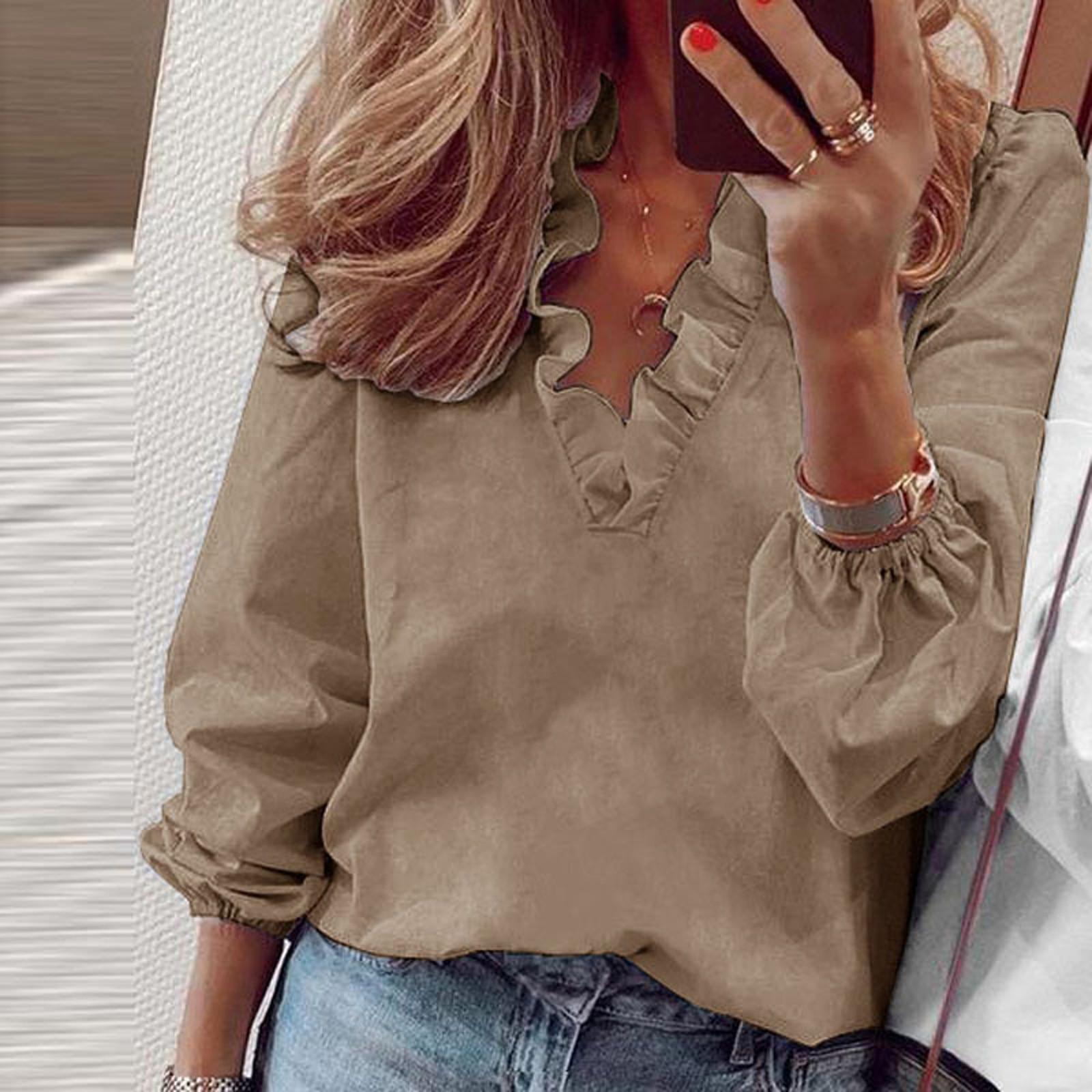Women s Fashion Solid Color Loose Ruffle Long Sleeve  V-Neck Shirt XL хаки