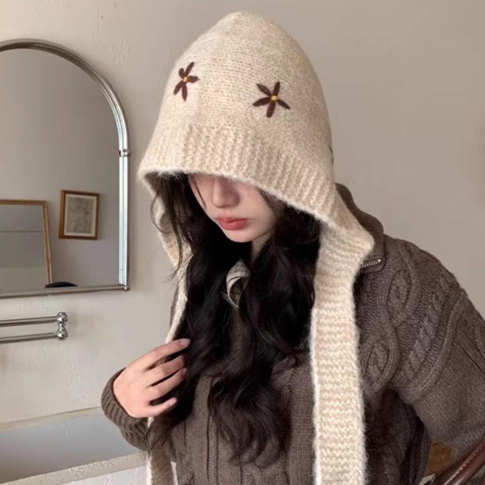 Sweet Knitted Balaclava Hat Embroidered Flowers Pullover Cap Casual Neck Collar Beanies Cap Girls