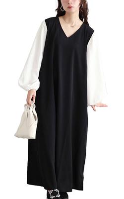 Gold Japan Plus Size Long Winter Size Black Women's Dress, Sleeves, V-Neck, Stretch, Pockets, Outfit, Fall/Winter, Spring/Summer, Maru-30091, 5L,