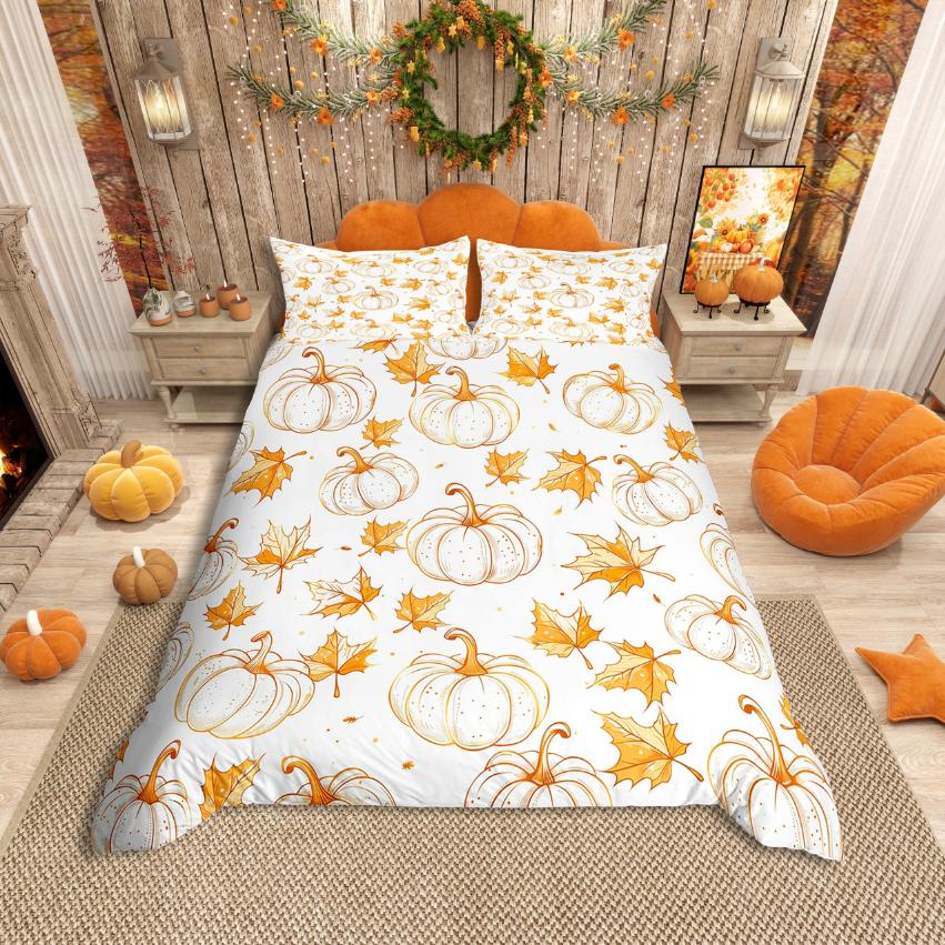 Homewish Herbsternte Kürbis Bettbezug Set, Thanksgiving Tag für Teenager Bettwäsche Set, Botanische Pflanzen Bettdeckenbezug Set