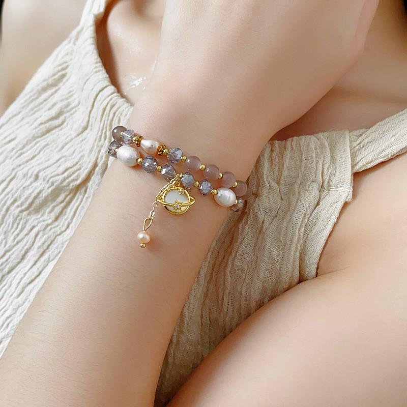 Layered Cats Eye Stone Pearl Bracelet Women Irregular Geometric Design Gold Pink Tone Lightweight Luxury Fashion Accessory