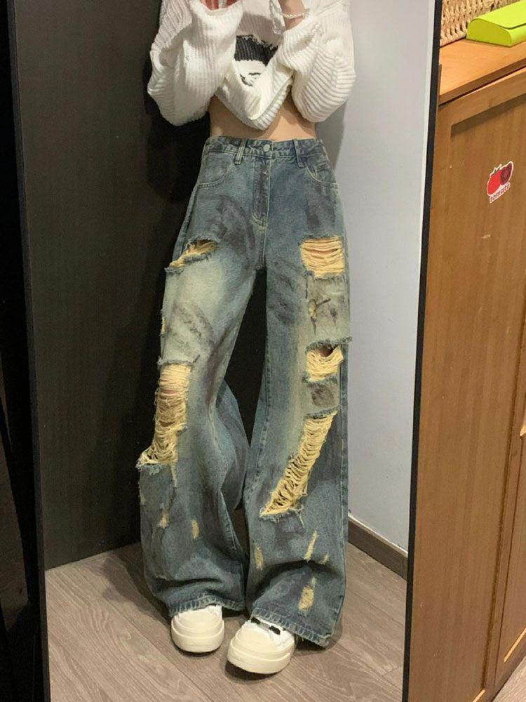 Women s Plus Size American Style Ripped Wide-Leg High-Waisted Summer Jeans L