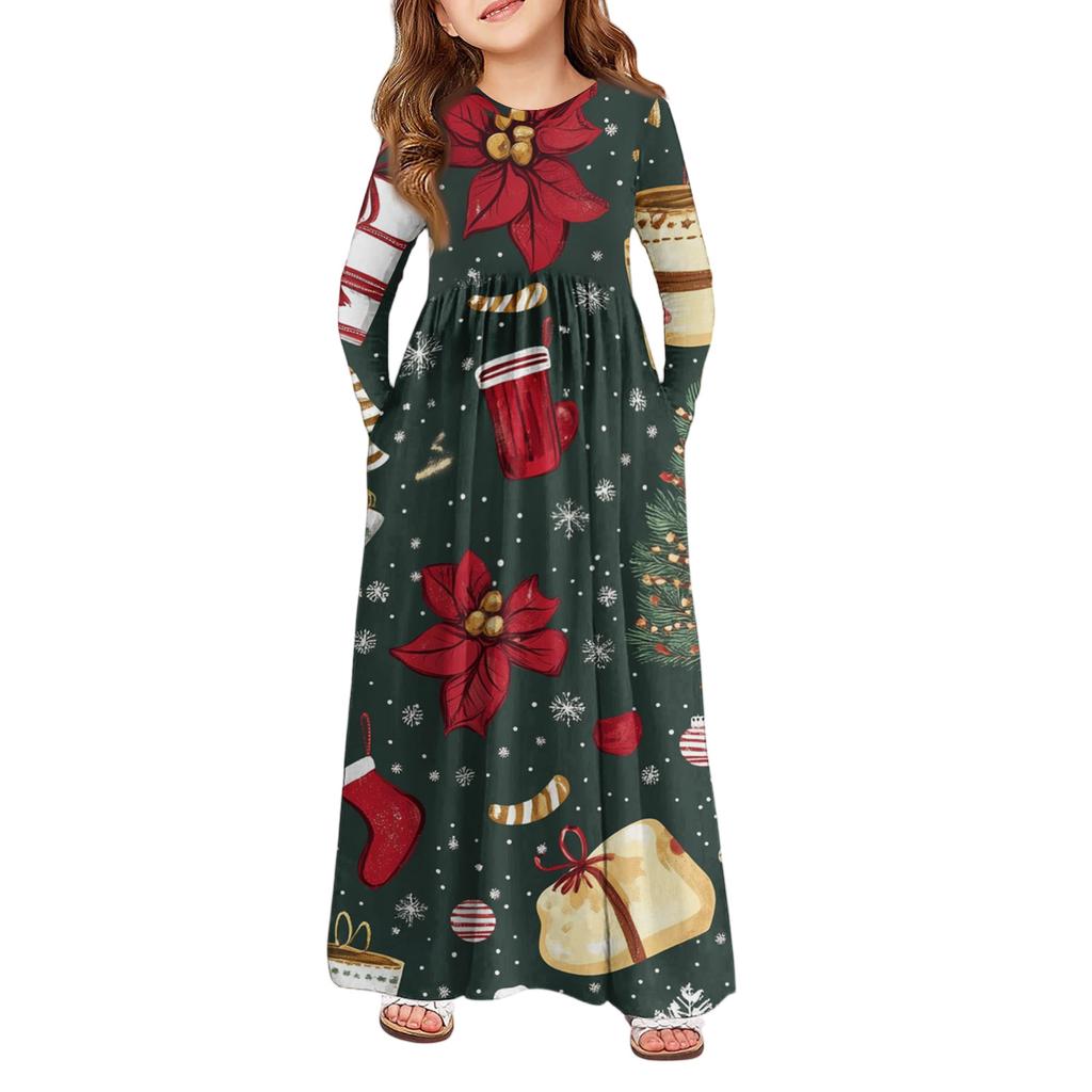 Rochie Maxi pentru Fete - Rochie cu Mânecă Lungă și Buzunare Zi de Crăciun