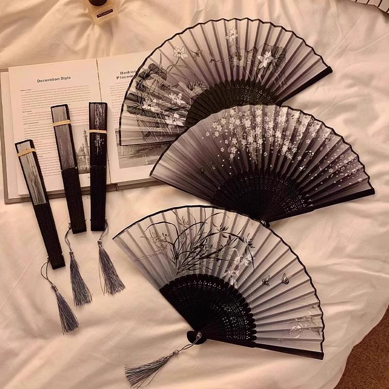 

Chinese Black Ink Qipao Folding Fan - Portable Bamboo Tassel Fan for Hanfu Other