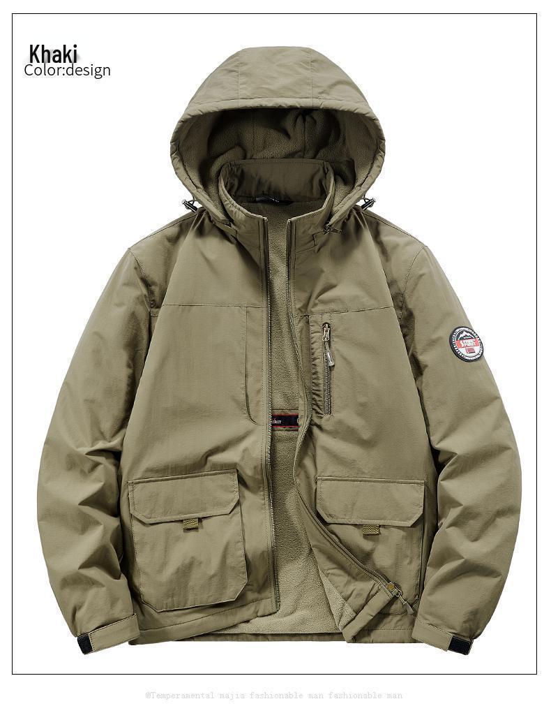 Męska wiatroszczelna kurtka górska z aksamitną podszewką – Pogrubiony zimowy płaszcz bawełniany