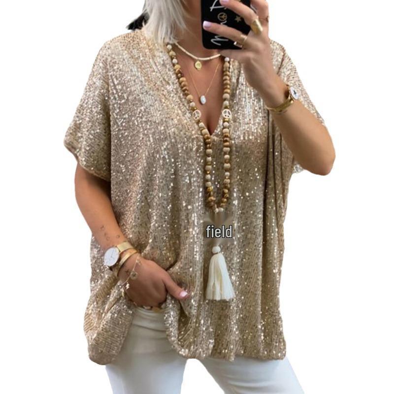 2026 Women's Urban Casual V-Neck Sequin Loose Fit Short Sleeve T-Shirt