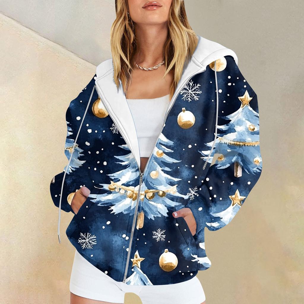 Women's Christmas Printed Sweatshirt  Winter Long Sleeve Cardigan Jacket With Pockets Zipper Hoodie Outerwear