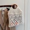 New Wooden Handle Rattan Handle Solid Color Hollow Handmade Cotton Rope Woven Bag Seaside Vacation Handbag Straw Bag