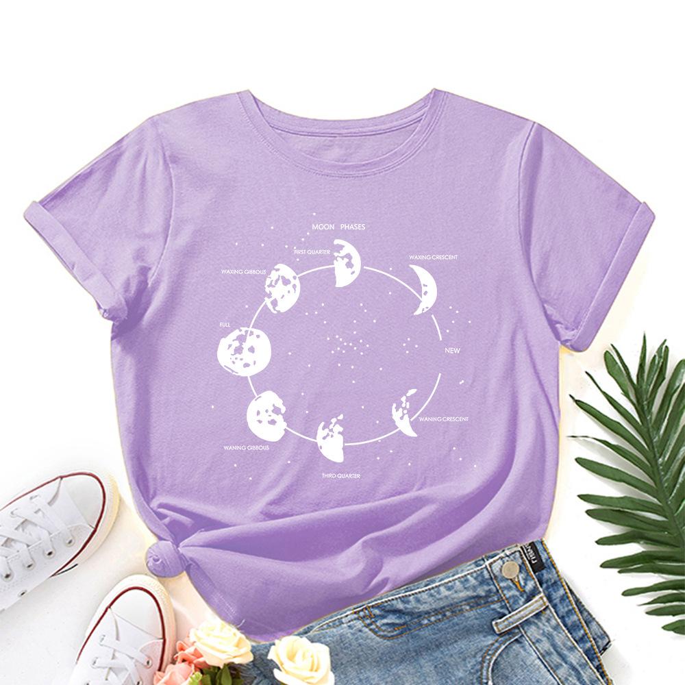 Space Secret Print Loose Round Neck Short Sleeved Pure Cotton Women's T-shirts