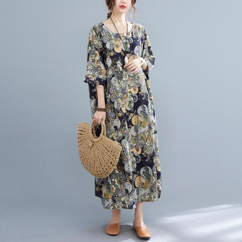 DIMANAF 2021 Plus Size Women Dress Vintage Floral Print Beach Holiday Summer Sundress Dress Loose Long Dress Oversize 5XL 6XL