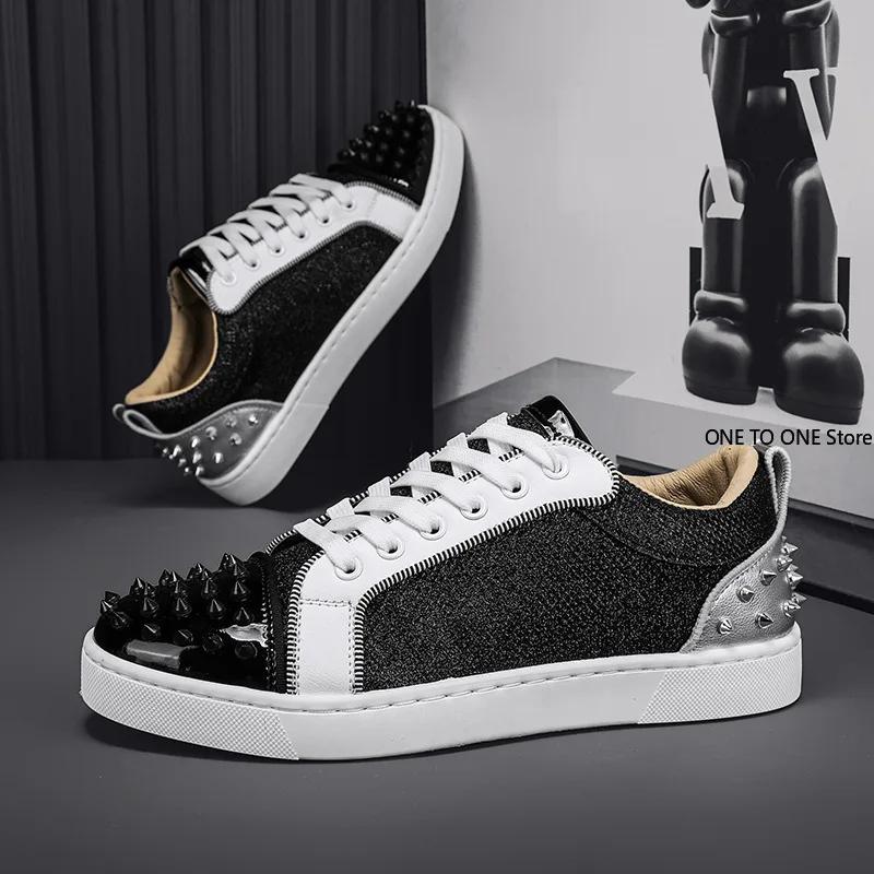 Fashion Men Sneakers Casual Designer Rivet Punk Board Shoes Fashion Leather Canvas Breathable Height Increased Flat Platform White Shoes