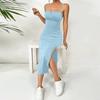 Women's Summer Adjustable Spaghetti Strap Sleeveless High Waist Slit Midi Slim Dress