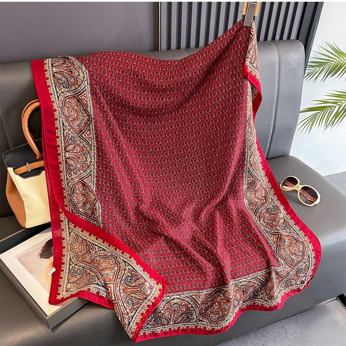 

High End Retro Silk Scarf Women Spring Autumn Paisley Cotton Linen Scarves Fashion Shawl Warp Headband Bandana Hijab 85x180cm