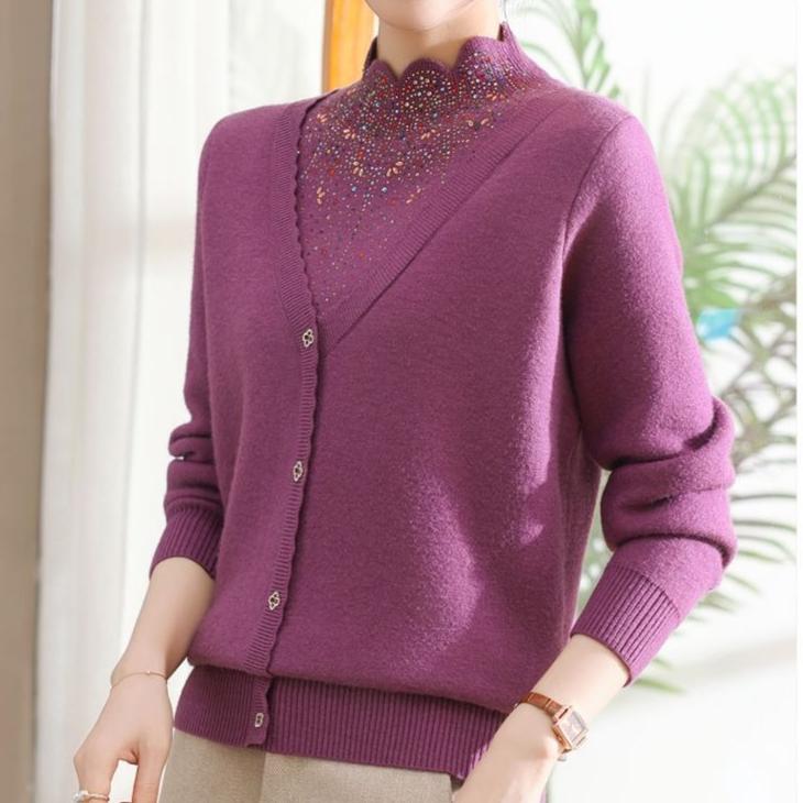 Women's Fleece Sweater Thick Loose Fake Two-Piece Knitted Pullover Sweater Rhinestone Soft Warm Flocked Knit Top Autumn Winter