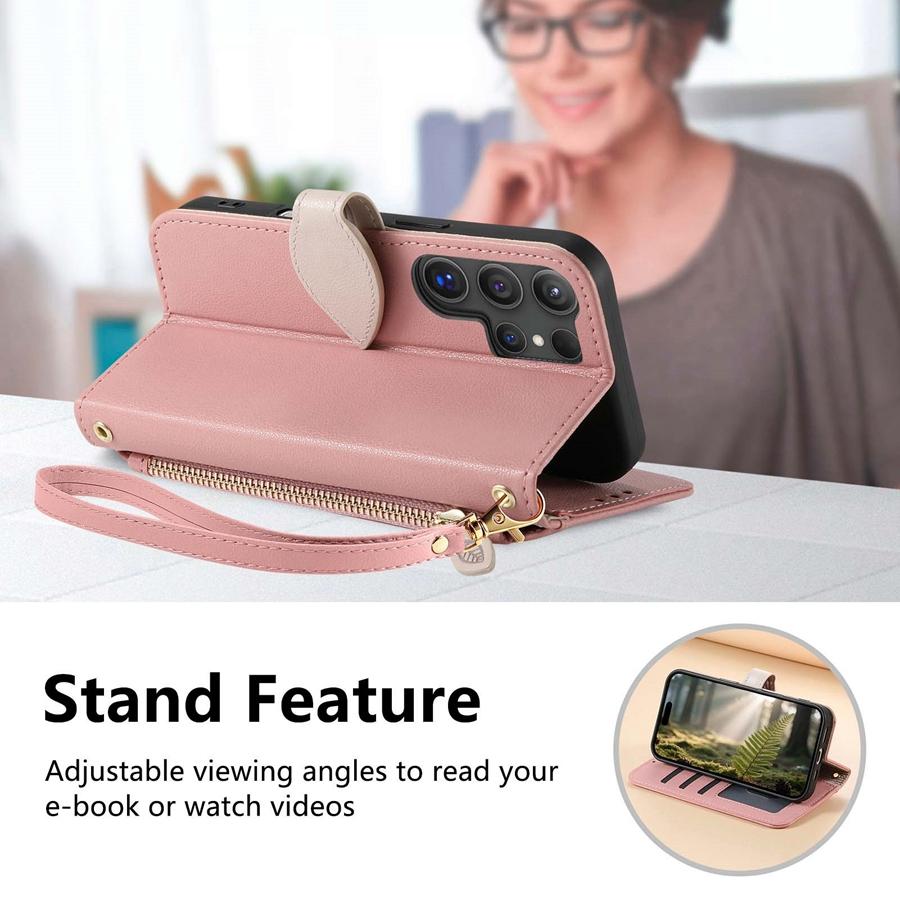 PU Leather Leaf Buckle Multi-function Wallet Case for OPPO/VIVO/Redmi/Google 3 Card Slots + Zip Coin Pocket + Stand & Detachable Long Shoulder Strap