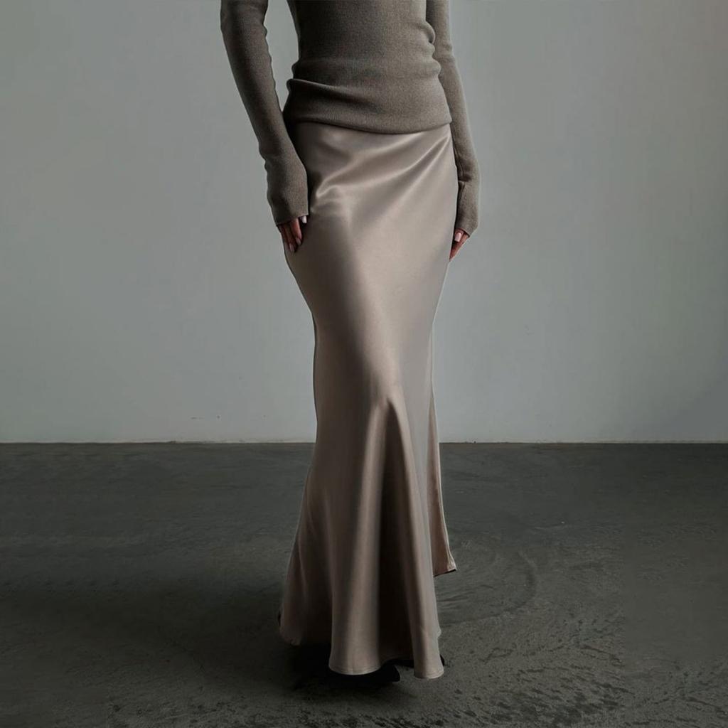 Frühlings-Satin Hohe Taille Hüftwickel Bodenlanges Meerjungfrauen-Maxikleid, Lässiges Party-Maxikleid