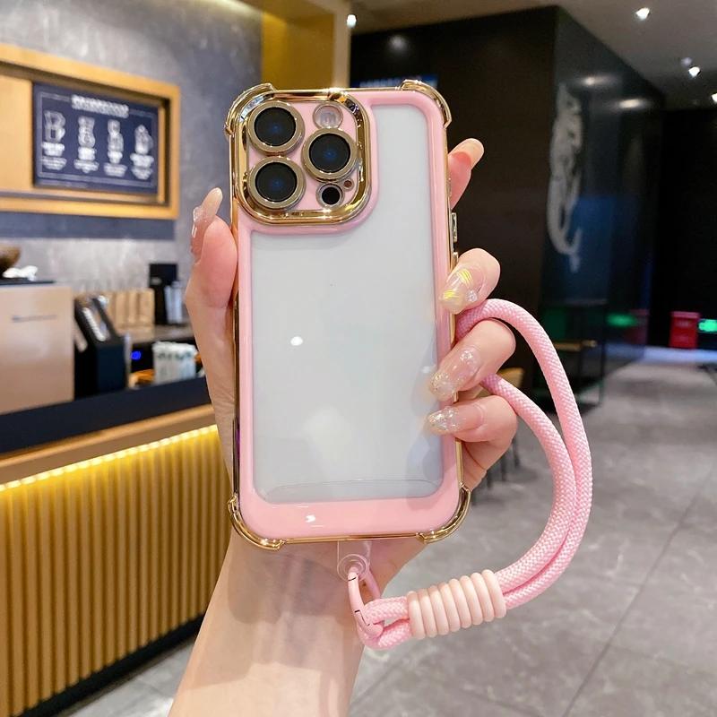 

Luxury Electroplate With Lanyard Transparent Phone Case For For Iphone 15 14 13 12 11 16 Pro Max Plus Bumper Shockproof Clear Cover For iPhone 11pro max