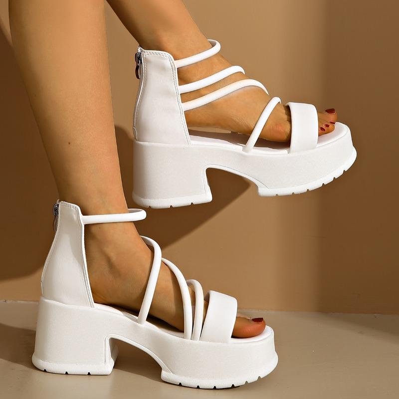 Fashion Women's Fashion Round Head Open Toe Thin Strap Back Zipper Waterproof Platform Anti-slip Wear-resistant High Heels