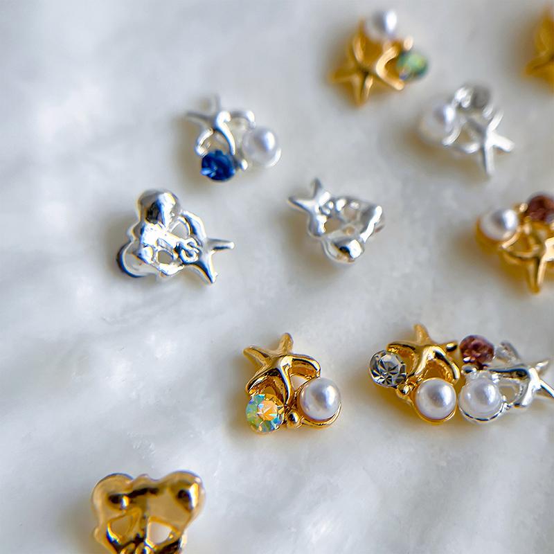 2Pcs 3D Exquisite Alloy Nail Art Charms Kawaii Starfish Pearl Design Nail Rhinestone Decorations Diy Accessories