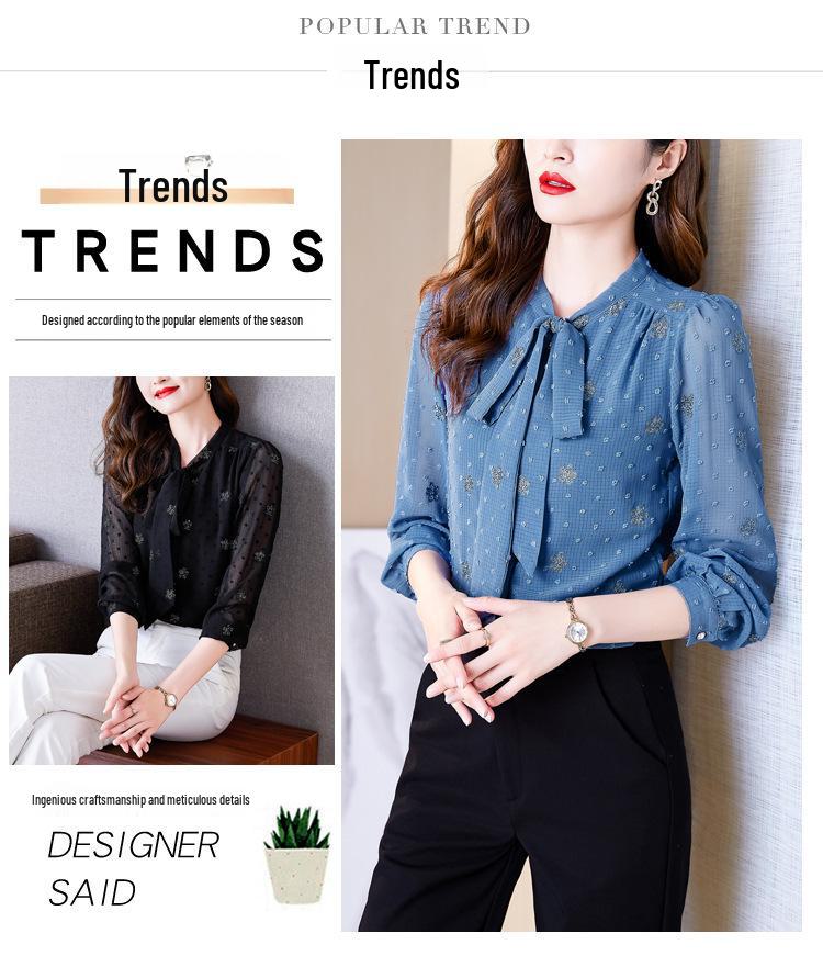 Dámská High-End Módní Hedvábná Košile s Dlouhým Rukávem a Mašlí - Kolekce Zmenšující Věk Jaro 2025