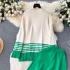 Toamnă Iarnă Femei Grătul cu mâneci lungi Pulover tricotat în dungi Topuri + Pantaloni largi Costume Set două piese Tinute femei