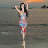 Womens Retro Vacation Swimwear Set With Lace Trim Halter Neck Top High-Slit Skirt Plus Size Friendly