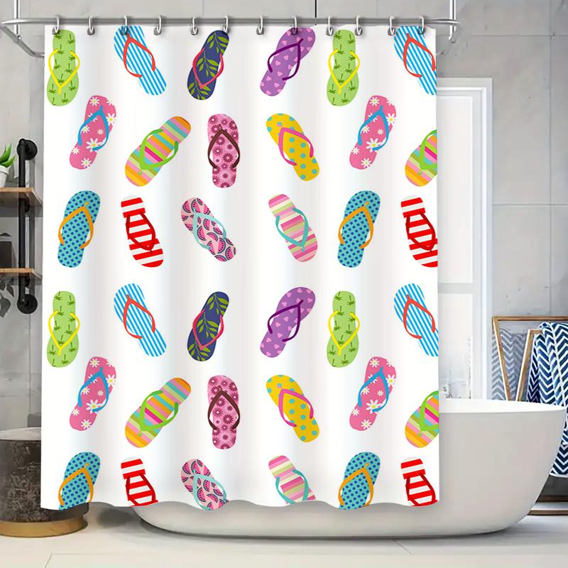 

Summer Flip Flops Shower Curtain Bright Multicolored Beach Themed Decor For Bathroom, Polyester Fabric With Hooks (White) [Produ W60H190(CM)-1 Pcs