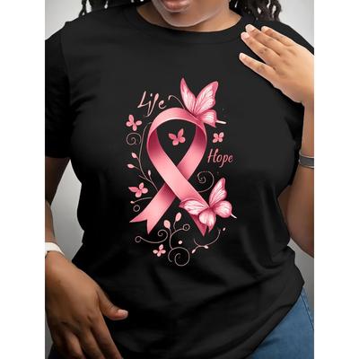 Women's T-Shirt - Pink Ribbon & Print Short Sleeve Top, Maroon & Pink Ribbon Design, Comfortable Round Neck Casual Blouse for Spring Summer Fall