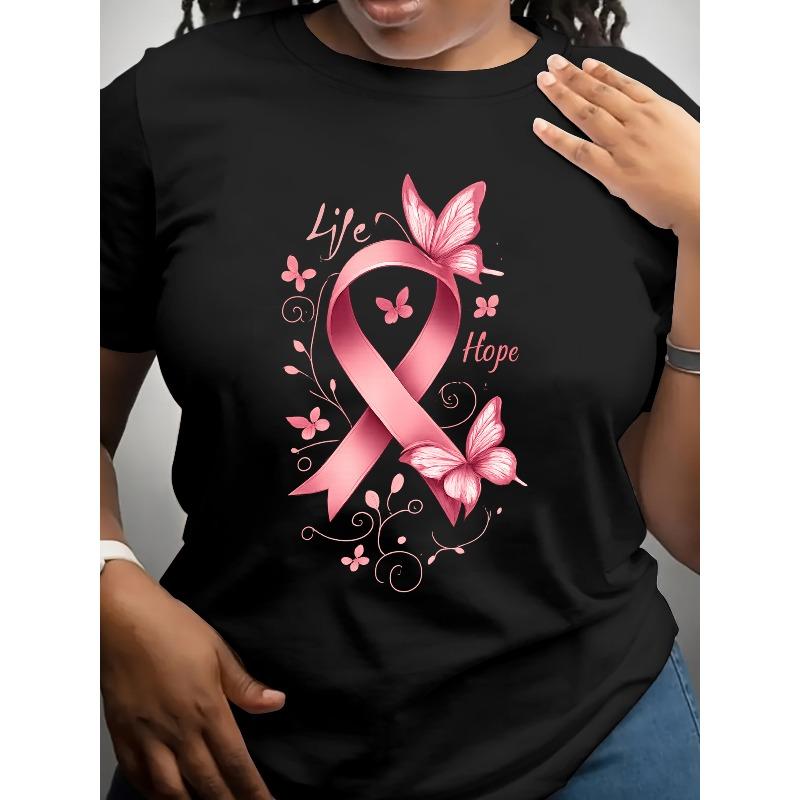 

Women s T-Shirt - Pink Ribbon & Print Short Sleeve Top, Maroon & Pink Ribbon Design, Comfortable Round Neck Casual Blouse for Spring Summer Fall 4XL