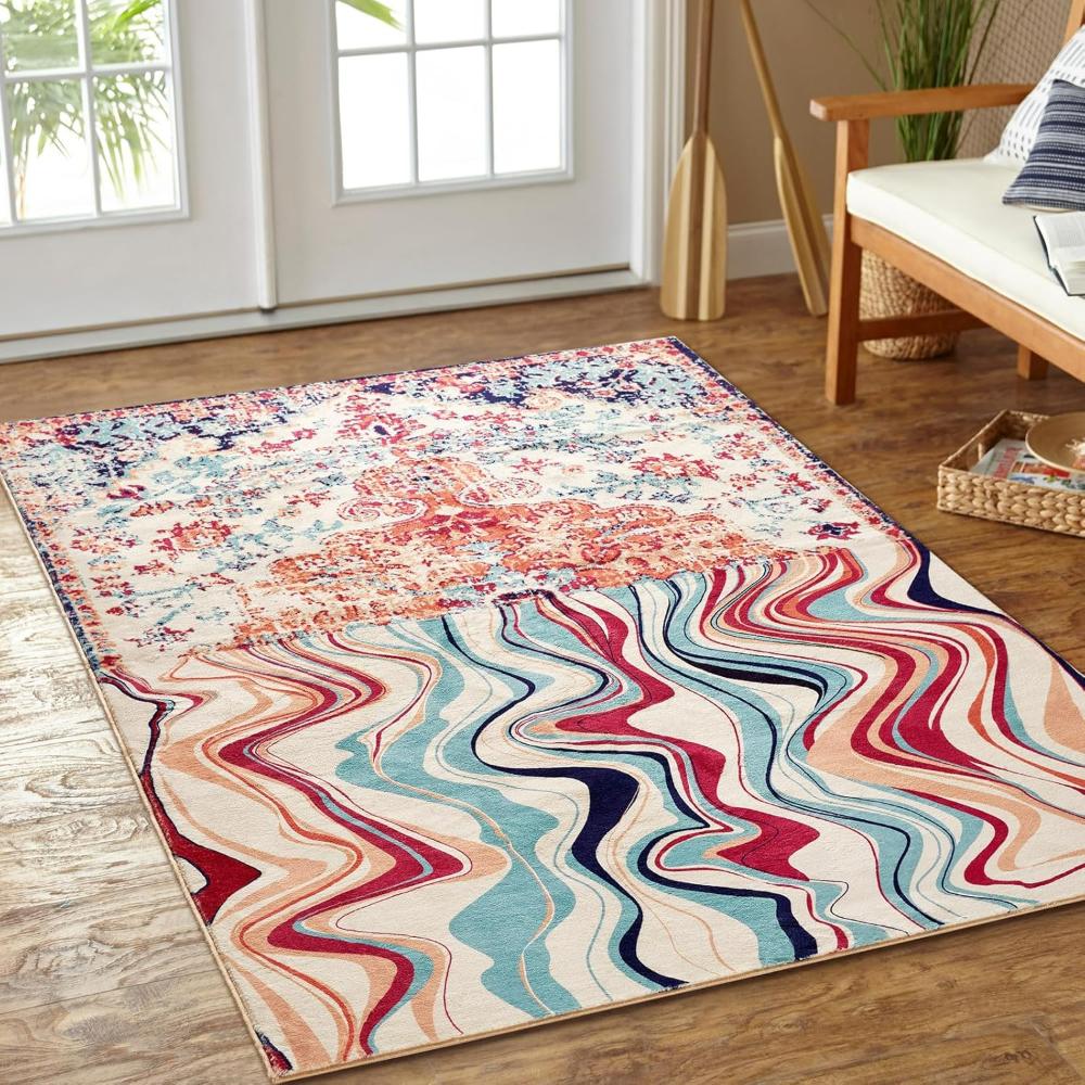 Vintage Wine Red Melting Oriental Carpet for Living Room Bedroom Soft Non-Slip Area Rug Balcony Boho Wavy Funky Abstract Rugs