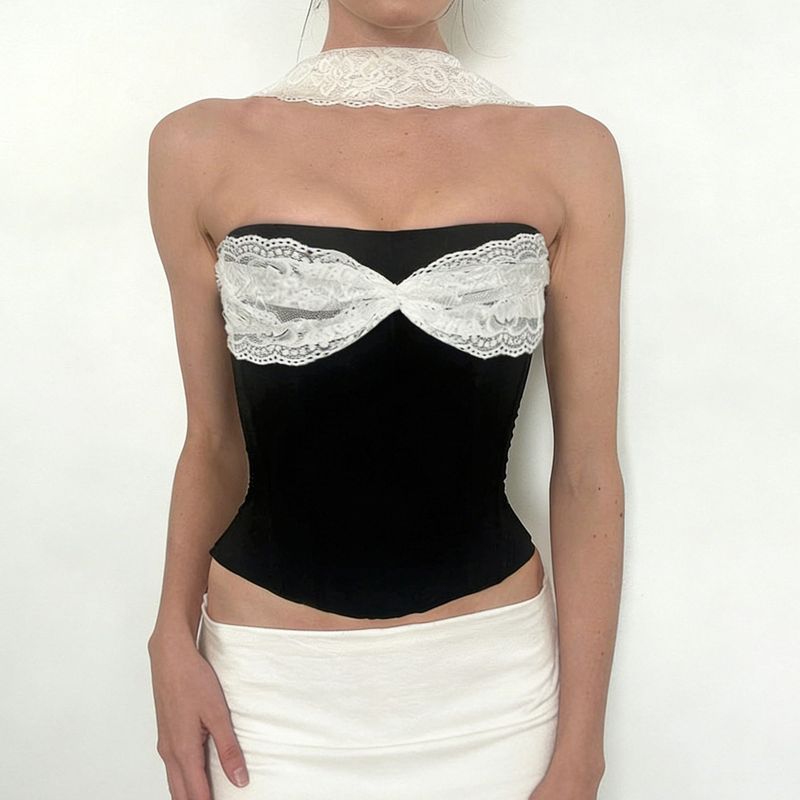2026 Summer French Elegant Ladylike Fashion Strapless Vest Lace Patchwork Sexy Halter Color-Block Top