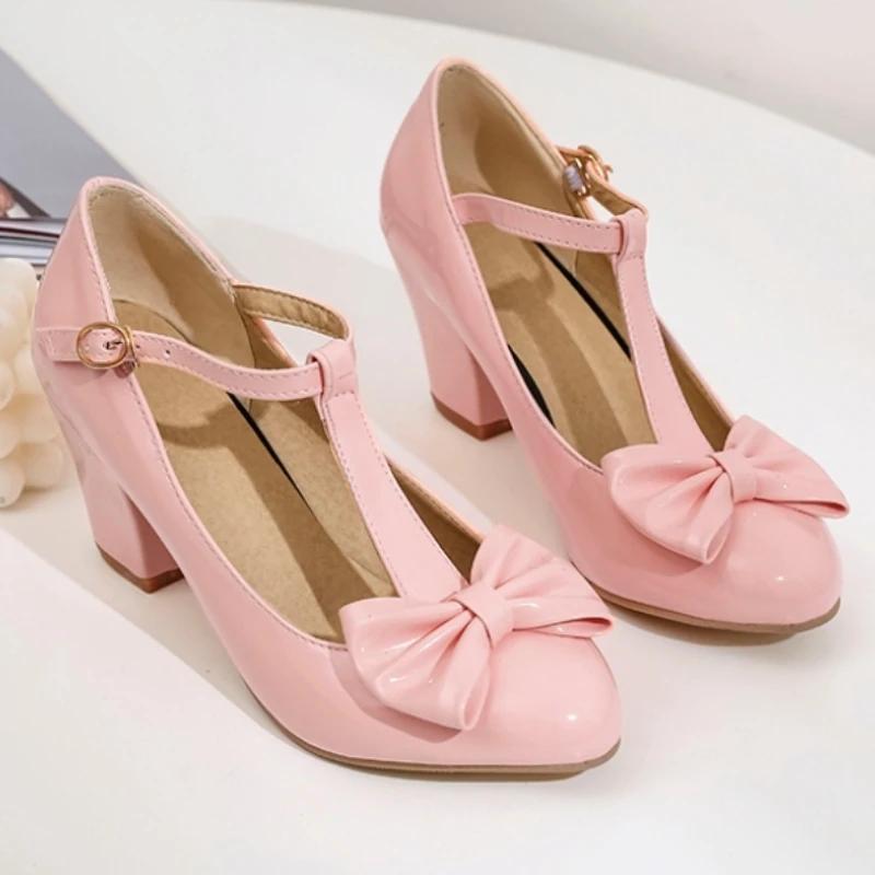 Elegant Women's Heels Mary Janes Lolita Shoes 2025 Sweet Bow Pumps Black White Pink Heeled Party Wedding Shoes Female Large Size
