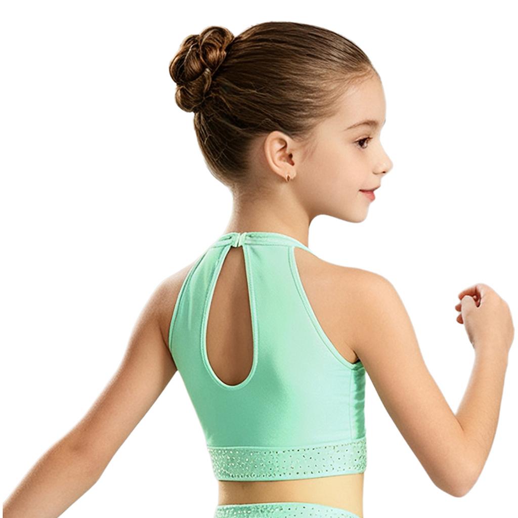 Meisjes Kunstschaats Dans Crop Top Strass Mouwloos Keyhole Rug Vest voor Optreden Gymnastiek Recital