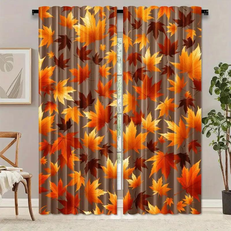 Set Of 2 Vibrant Autumn Leaf Printed Curtains Designed Quality Material Ideal Fall Themed Home Window Dec Curtain Sheer Polyester